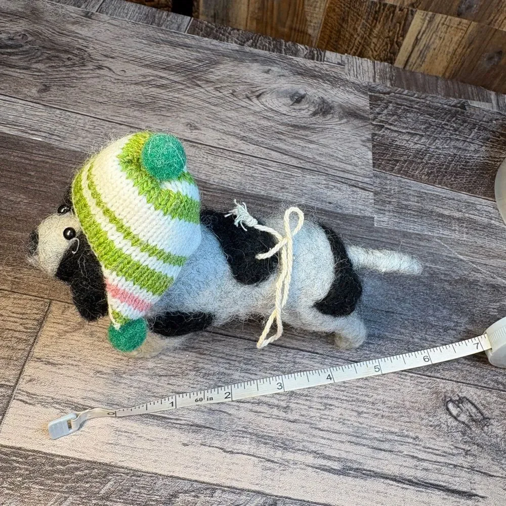 Felted wool Dog Figurine with Green and White Knit Hat